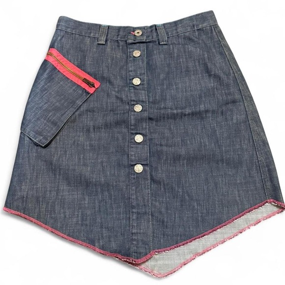 Entre NYC Y2K Asymmetrical Denim Skirt 32" Waist Pink Stitch Zip Pocket Vintage - Picture 1 of 4